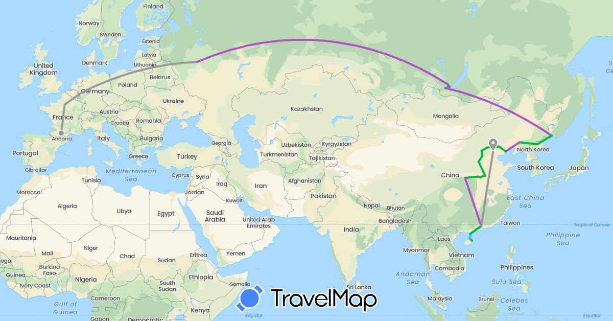 TravelMap itinerary: driving, bus, plane, train, boat in China, Germany, France, Russia (Asia, Europe)